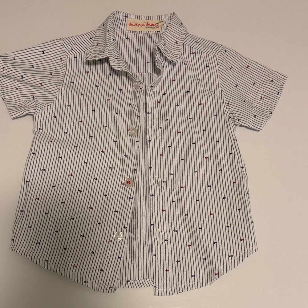 Boys baby short sleeve button down shirt with red and blue fish nautical - 12m